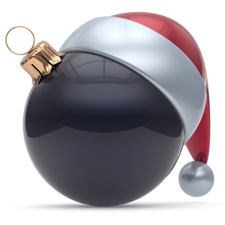 Christmas ball ornament black New Year's Eve adornment bauble decoration blank. Happy Merry Xmas funny Santa Claus hat sphere emoticon wintertime traditional seasonal celebration souvenir. 3d renderの写真素材