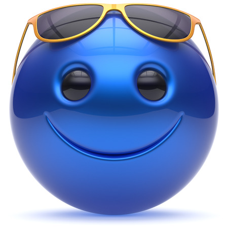 Smiley face cheerful head ball sphere emoticon cartoon smile happy decoration cute blue golden sunglasses. Smiling funny joyful person laughing joy character toy avatar. 3d render isolatedの写真素材
