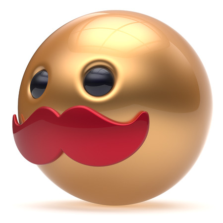 Cartoon mustache face cute emoticon ball happy joyful handsome person red golden caricature icon. Cheerful laughing fun sphere positive smiley character avatar. 3d render isolatedの写真素材