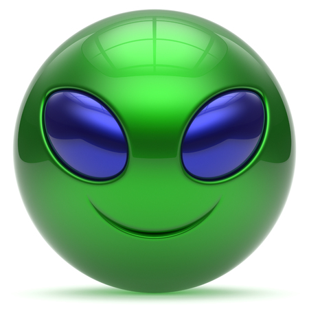 Smiley alien face cartoon cute head emoticon monster ball green blue avatar. Cheerful funny smile invader person character toy laughing eyes joy icon concept. 3d render isolatedの写真素材