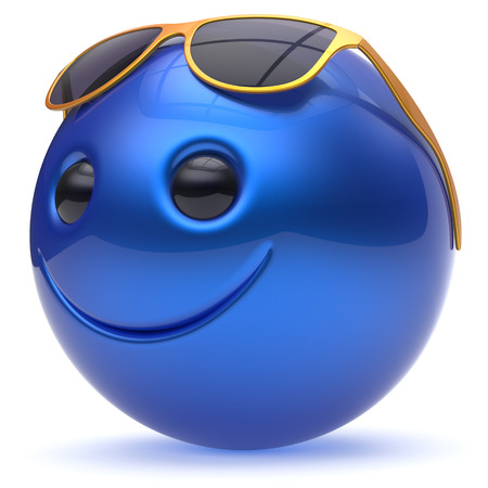 Smiley face cheerful head ball sphere emoticon cartoon smile happy decoration cute blue golden sunglasses. Smiling funny joyful person laughing joy character toy avatar. 3d render isolatedの写真素材