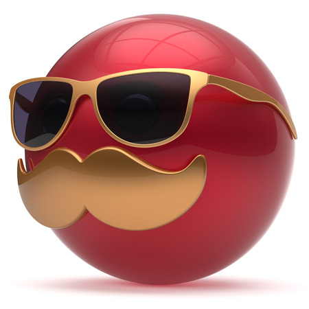 Cartoon mustache face emoticon ball happy joyful handsome person red golden sunglasses caricature icon. Cheerful eyeglasses laughing fun sphere positive smiley character avatar. 3d render isolatedの写真素材