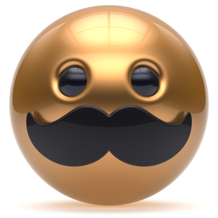 Cartoon mustache face cute emoticon ball happy joyful handsome person golden black caricature stylish icon. Cheerful laughing fun sphere positive smiley character avatar. 3d render isolatedの写真素材