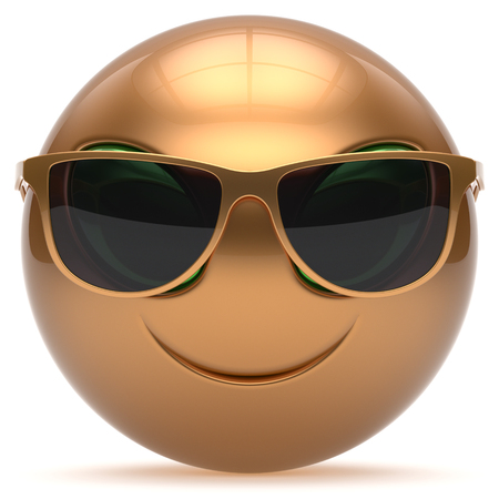 Smiley alien face cartoon cute sunglasses head emoticon monster ball golden gold avatar. Cheerful funny smile invader person character toy laughing eyes joy icon concept. 3d render isolatedの写真素材