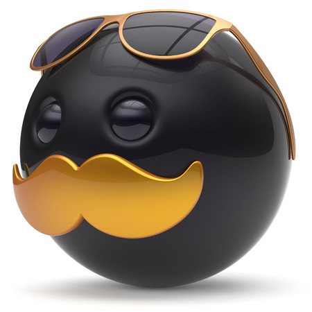 Smiley mustache face black golden emoticon ball happy joyful handsome cartoon person sunglasses caricature. Cheerful eyeglasses laughing fun sphere positive character avatar. 3d render isolatedの写真素材