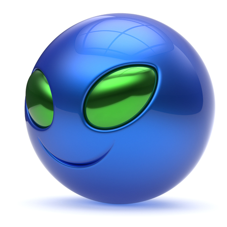 Smiley alien face head cartoon cute emoticon monster ball blue green avatar. Cheerful funny smile invader person character toy laughing eyes joy icon concept. 3d render isolatedの写真素材