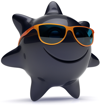 Sun star smiley face sunglasses cheerful summer smile cartoon ball emoticon happy sunny heat black orange person icon. Smiling laughing character holiday chilling sunbathing sunbeam avatar. 3D renderの写真素材