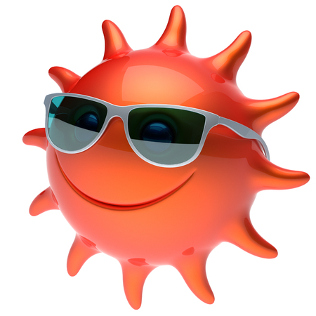 Smiling sun star face sunglasses cheerful summer smile cartoon ball emoticon happy sunny heat red orange person icon. Smiley laughing character holiday chilling sunbathing sunbeam avatar. 3D renderの写真素材