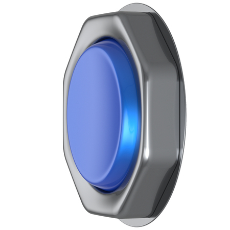 Push down button blue start turn on off action activate switch ignition power electric indicator design element metallic cyan shiny blank led lamp. 3d render isolatedの写真素材