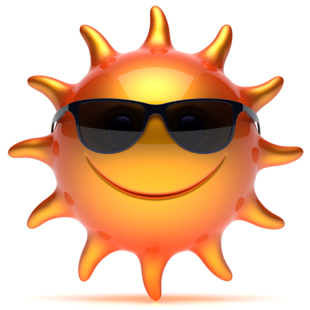 Smiley sun sunglasses star sunny fiery cheerful face summer smile cartoon ball emoticon happy orange yellow person icon. Smiling laughing character holiday chilling sunbathing tropic avatar. 3D renderの写真素材