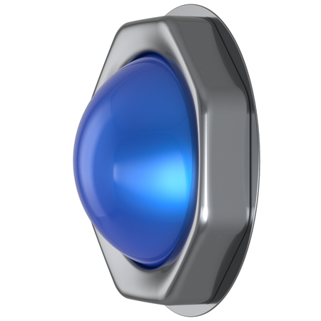 Push button blue start turn on off action activate switch ignition power electric indicator design element metallic cyan shiny blank led lamp. 3d render isolatedの写真素材