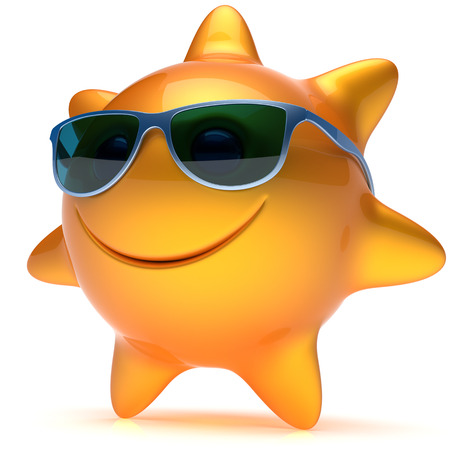 Smiley sun star face sunglasses cheerful summer smile cartoon ball emoticon happy sunny heat orange yellow person icon. Smiling laughing character holiday chilling sunbathing sunbeam avatar. 3D renderの写真素材