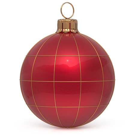 Christmas ball New Year's Eve decoration world globe Earth planet bauble red shiny international wintertime hanging adornment. Global universe ornament Merry Xmas happy winter holidays. 3d renderの写真素材