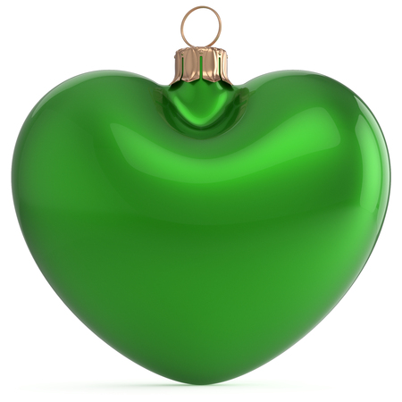 Christmas ball New Years Eve bauble green heart shape adornment decoration blank. Happy Merry Xmas traditional wintertime holiday ornament love romantic greeting card festive design element. 3d renderの写真素材