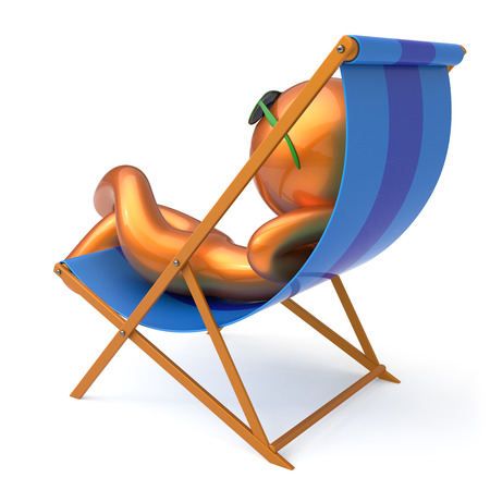 Man sitting beach deck chair relaxing summer cartoon character chilling stylized sunglasses person sun lounger tourist have fun sunbathe rest outdoor vacation lifestyle travel destination. 3d renderの写真素材