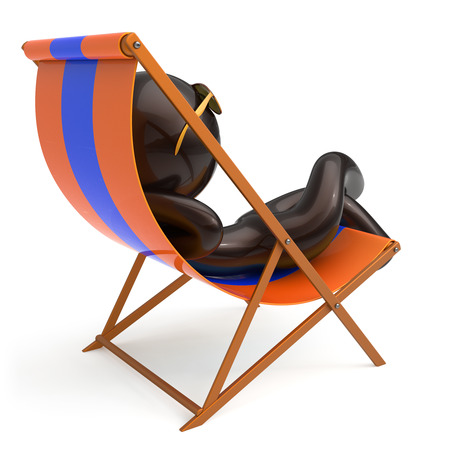 Man sitting beach deck chair chilling stylized sunglasses person relaxing summer cartoon character sun lounger tourist have fun sunbathe rest outdoor vacation lifestyle travel destination. 3d renderの写真素材