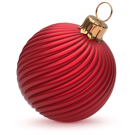 Christmas ball New Year's Eve decoration red shiny twisted stripes bauble wintertime hanging adornment souvenir scarlet. Traditional ornament happy winter holidays Merry Xmas symbol closeup. 3d renderの写真素材