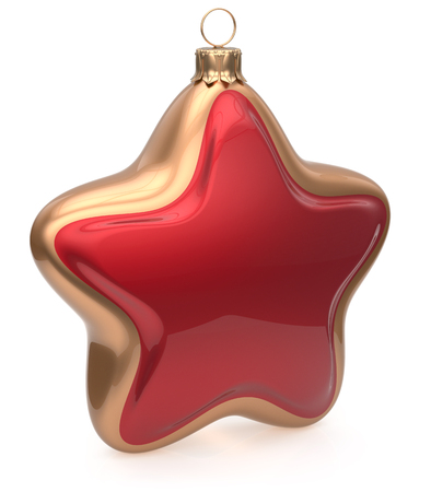 Christmas ball star shape gold red hanging decoration New Year's Eve bauble. Shiny Happy Merry Xmas greeting card design element traditional wintertime holidays festive decor ornament blank. 3d renderの写真素材