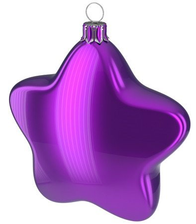 Christmas ball star shaped purple hanging decoration adornment New Years Eve bauble. Happy Merry Xmas greeting card design element traditional wintertime holidays decor ornament blank. 3d illustrationの写真素材