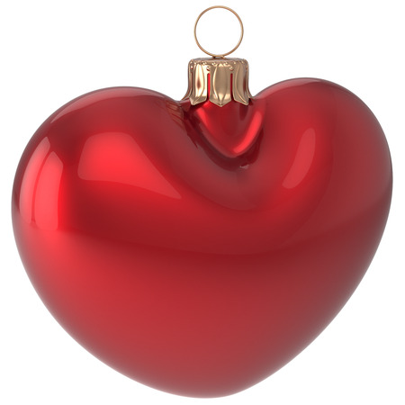 Christmas ball heart shaped New Years Eve bauble red adornment decoration blank. Happy Merry Xmas traditional wintertime holidays ornament love greeting card festive design element. 3d illustrationの写真素材