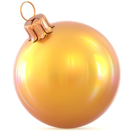 Christmas ball New Year's Eve decoration yellow shiny bauble wintertime hanging adornment souvenir. Traditional ornament happy winter holidays Happy Merry Xmas symbol golden classic. 3d illustrationの写真素材