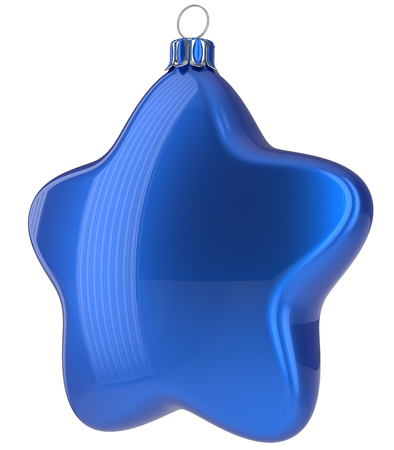 Blue Christmas ball star shaped hanging decoration adornment New Year's Eve bauble. Happy Merry Xmas greeting card design element traditional wintertime holidays decor ornament blank. 3d illustrationの写真素材