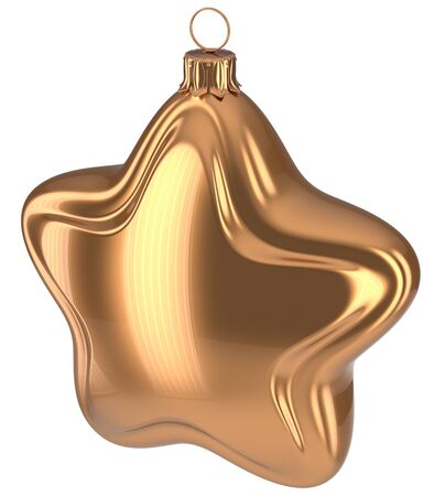 Golden Christmas star shaped Merry Xmas ball hanging decoration adornment New Years Eve bauble. Happy wintertime holidays greeting card design element traditional decor ornament blank. 3d illustrationの写真素材