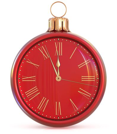 New Year's Eve clock midnight last hour countdown pressure Christmas ball decoration ornament red golden sparkly adornment bauble. Seasonal happy wintertime holidays begin future time. 3d illustrationの写真素材