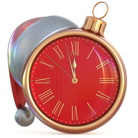 Christmas ball clock New Year's Eve last hour midnight countdown time Santa hat decoration ornament red gold adornment. Traditional happy wintertime holiday future beginning pressure. 3d illustrationの写真素材