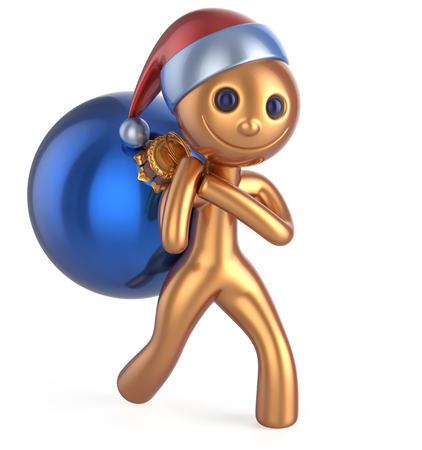 New Year's Eve smile man Santa Claus hat happy character carries bag Christmas ball decoration adornment ornament gold blue bauble. Traditional Xmas wintertime holiday invite concept. 3d illustrationの写真素材