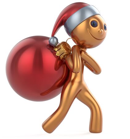 New Year's Eve happy man Santa Claus hat smile character carries bag Christmas ball decoration ornament red golden gift bauble. Traditional Xmas wintertime holiday invite concept. 3d illustrationの写真素材