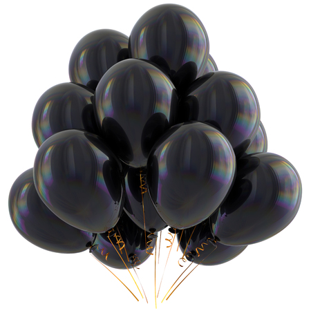 Black balloons happy birthday party decoration dark glossy. Holiday anniversary celebrate new year's eve xmas christmas carnival greeting card design element. 3D illustration isolatedの写真素材