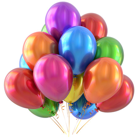 Happy birthday balloons party decoration colorful multicolored. Holiday anniversary celebrate new years eve christmas carnival greeting card design element. 3D illustration isolatedの写真素材