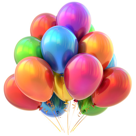 Party balloons happy birthday carnival decoration glossy colorful multicolored. Holiday anniversary celebrate new year's eve christmas greeting card design element. 3D illustration isolatedの写真素材
