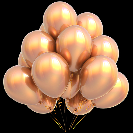 Golden balloons happy birthday party decoration yellow gold glossy. Holiday anniversary celebrate new year's eve xmas christmas carnival greeting card design element. 3D illustration isolated on blackの写真素材