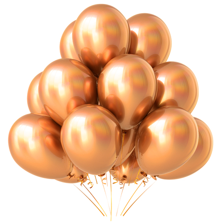 Balloon golden party happy birthday holiday carnival celebrate anniversary decoration yellow 3D illustrationの写真素材