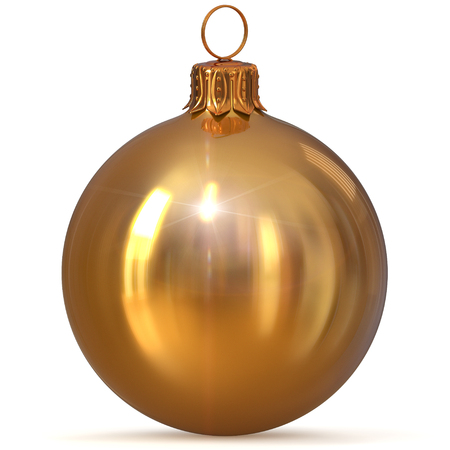 Christmas ball decoration golden yellow New Year's Eve hanging bauble adornment traditional Merry Xmas wintertime ornament sparkling polished. 3d rendering illustrationの写真素材