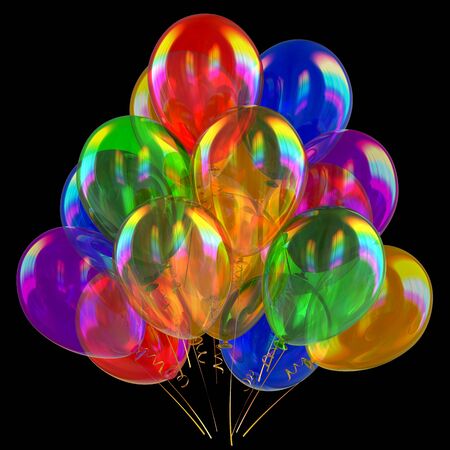 Party balloons birthday decoration multicolored translucent. Holiday anniversary celebration festive greeting card background. 3d rendering illustration isolated on blackの写真素材