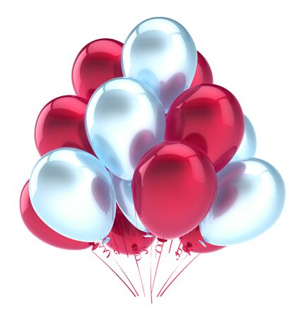 Balloons party happy birthday decoration red white glossy. Holiday anniversary celebration greeting card background. 3d illustrationの写真素材