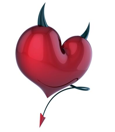 Devil heart evil love abstract demon lover concept red with black horns and tail. Valentine's Day greeting card design element. 3d illustration isolated on whiteの写真素材