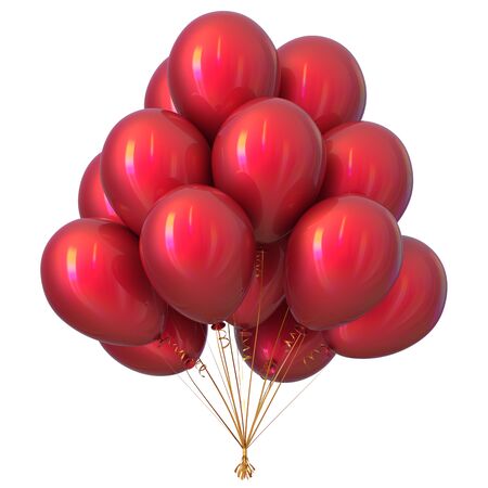Red party balloons happy birthday decoration glossy. Holiday anniversary celebrate greeting card invitation background. 3d illustration isolated on whiteの写真素材