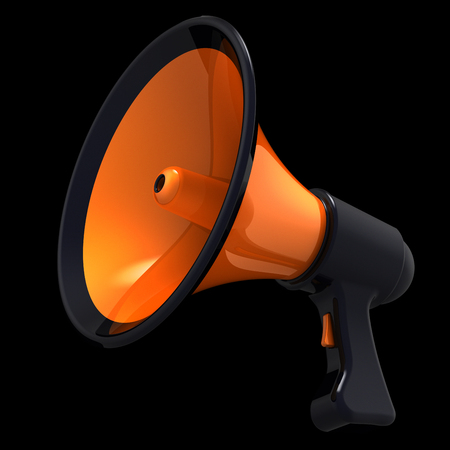 Megaphone news blog loudspeaker communication announce attention symbol. Bullhorn orange icon. Propaganda agitation advertising sale message concept. 3d illustration isolated on blackの写真素材