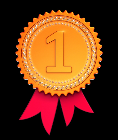 First place 1st, number one 1 award ribbon, medal golden red. Winner reward, champion achievement success icon. 3d illustration, isolated on black backgroundの写真素材