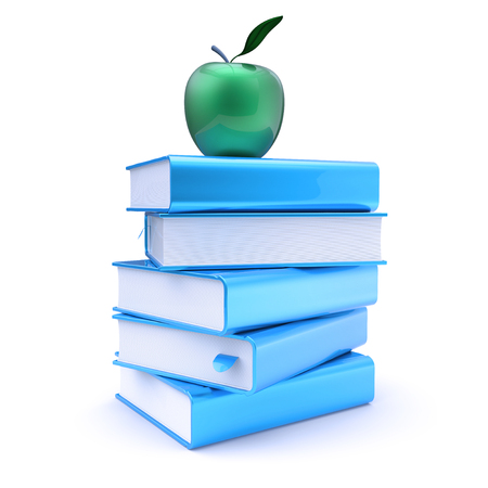 Book stack blue apple green. Education, studying, school, college, knowledge wisdom idea icon concept. 3d illustration, isolatedの写真素材