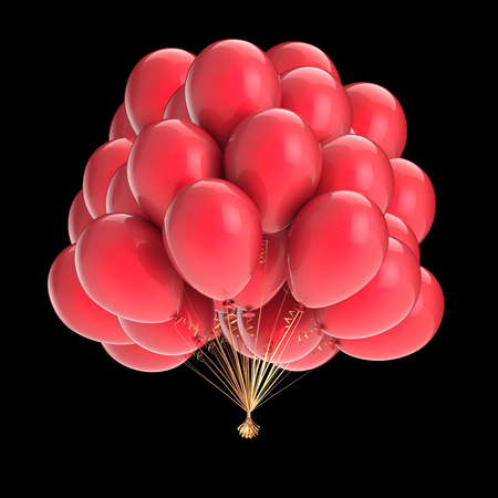 red helium balloons, birthday, anniversary, party decoration glossy. holiday event symbol. 3d illustration, isolated on black backgroundの写真素材