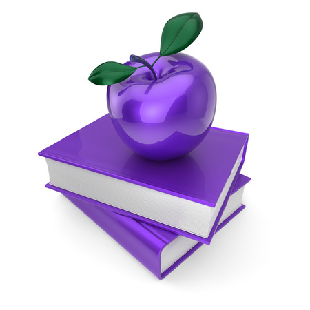 3d illustration of purple apple and two books blue. education, studying, school college knowledge wisdom idea, back to school icon conceptの写真素材