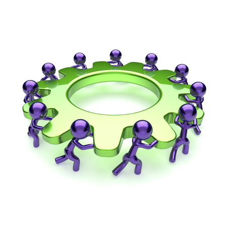Partnership, manpower characters blue green. Gear wheel teamwork, cogwheel business process. Team work men workers turning gearwheel together. Community cooperation concept. 3d illustrationの写真素材