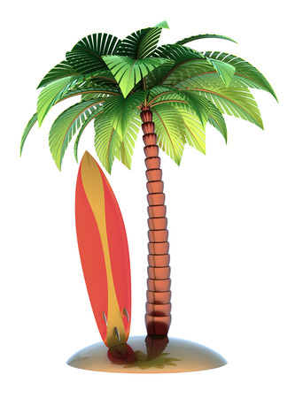 surfboard and palm tree on island beach stylized. summer vacation, surf lifestyle, sport extreme symbol concept. 3d illustrationの写真素材