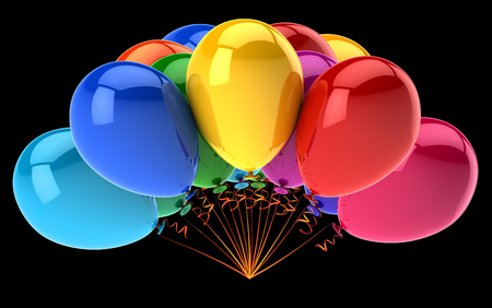 party balloons colorful glossy. birthday decoration multicolor, helium balloon bunch red yellow blue. carnival, holiday, celebration symbol. 3d illustration, isolated on blackの写真素材