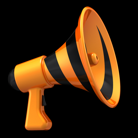3d illustration megaphone news blog loudspeaker. communication, announcement symbol. bullhorn striped orange. entertainment advertising, sale message concept. isolated on blackの写真素材
